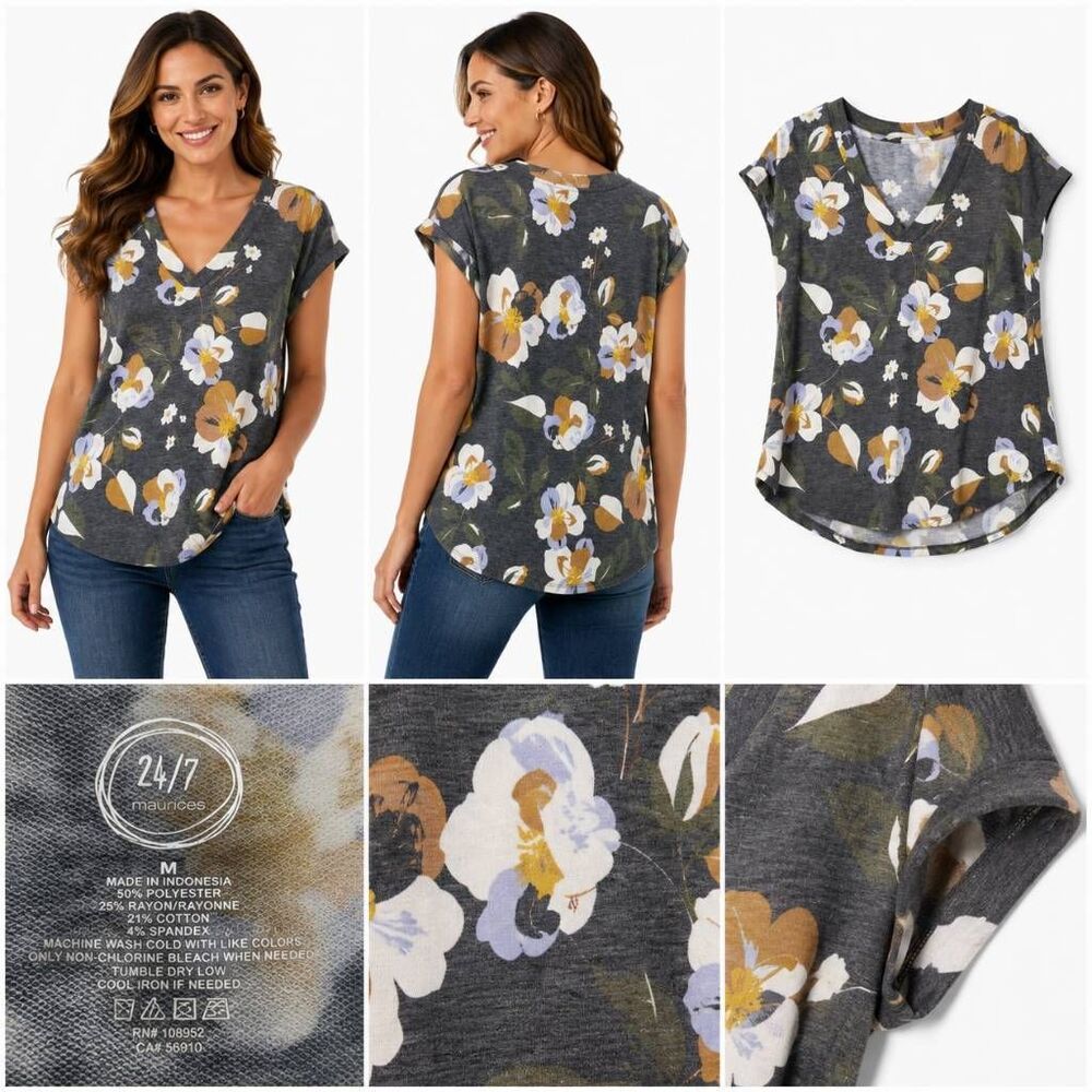 Maurices 24/7 Women's Medium Floral V-Neck Tee Shirt Gray White Mustard Lavender